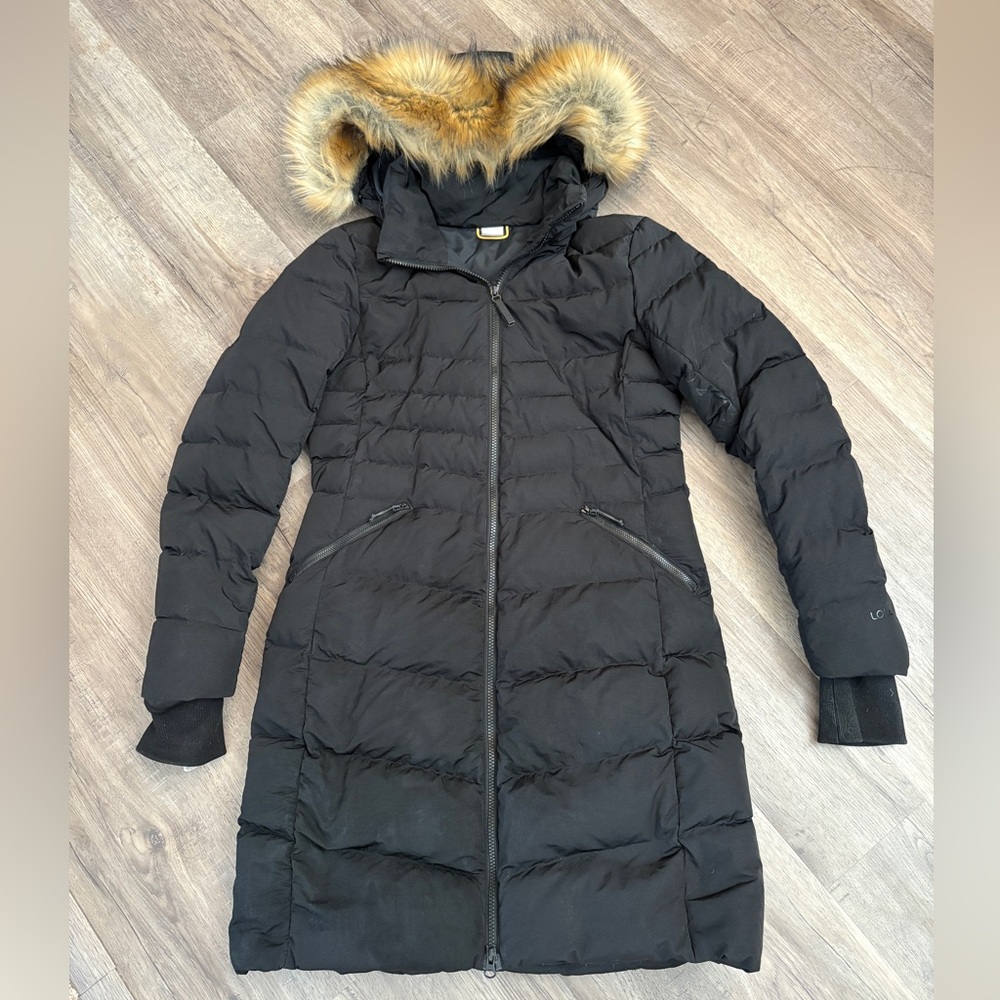 LOLE puffer coat / black faux fur hooded down parka / size medium